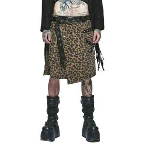 Punk Rave Leopard Print Kilt Mens Gothic Punk Cargo Pocket Asymmetric M